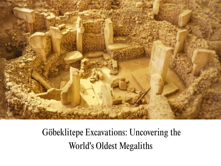 Aerial view of the ancient stone circles and T-shaped pillars at the Göbeklitepe archaeological excavation site in Turkey.