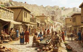 Historical reconstruction of a bustling Hittite street in Hattusha, showing citizens in period clothing, artisans, and merchants beneath massive stone fortification walls.