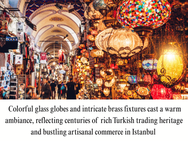 A warm, colorful view capturing traditional Turkish mosaic lamps and bustling artisanal commerce beneath the vaulted stone ceilings of Istanbul's Grand Bazaar.