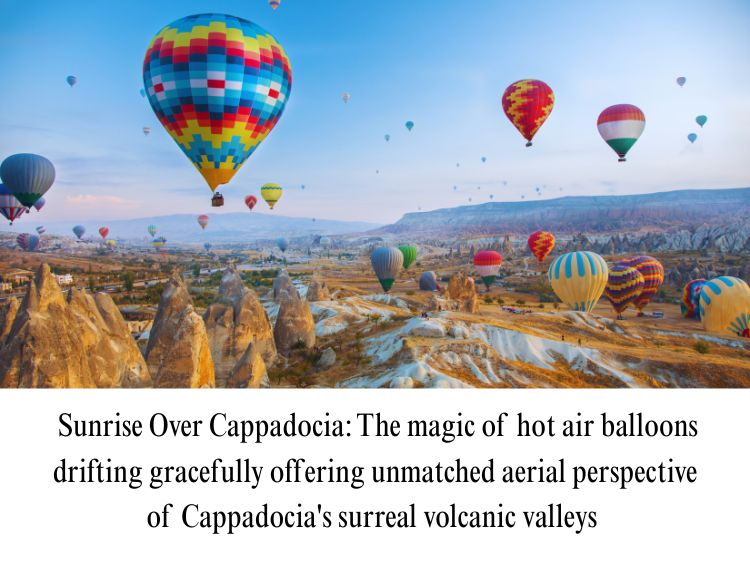 Vibrant hot air balloons floating over the surreal volcanic landscape and fairy chimneys of Cappadocia at sunrise.