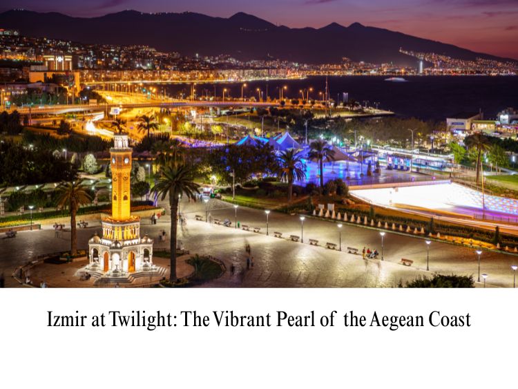 Panoramic evening view of Izmir at twilight, highlighting the illuminated historic Clock Tower and the sparkling Aegean coastline in Turkey.