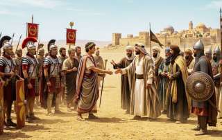 Roman Emperor in purple toga shakes hands with a bearded Umayyad Caliph in robes, flanked by soldiers with SPQR standards and warriors with Arabic banners, a Byzantine city is on the horizon. Concept art of Roman and Umayyad leaders greeting each other, illustrating the parallels between the two civilizations.