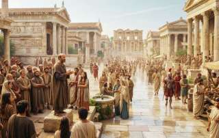 A historical reconstruction of a bustling ancient Greco-Roman street in Ephesus, showing Saint Paul preaching to a crowd of citizens near grand classical buildings and a market.