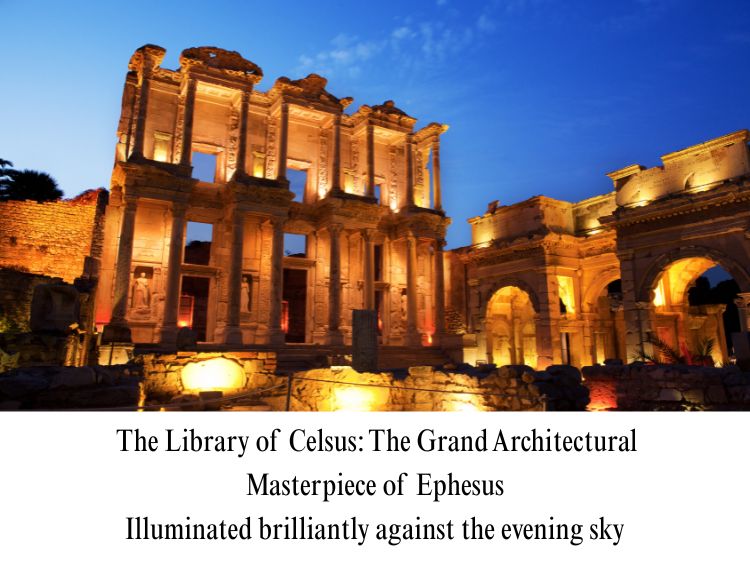 Night view of the illuminated facade of the ancient Library of Celsus at the Ephesus archaeological site in Turkey.