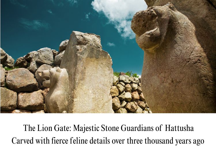 Close-up view of the ancient stone Lion Gate sculptures guarding the ruins of Hattusha in Turkey against a bright sky.