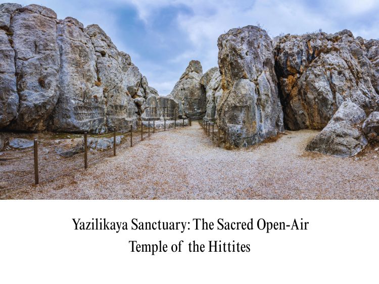 Weathered limestone rock formations and pathways of the Yazilikaya open-air sanctuary near Hattusha in Turkey.