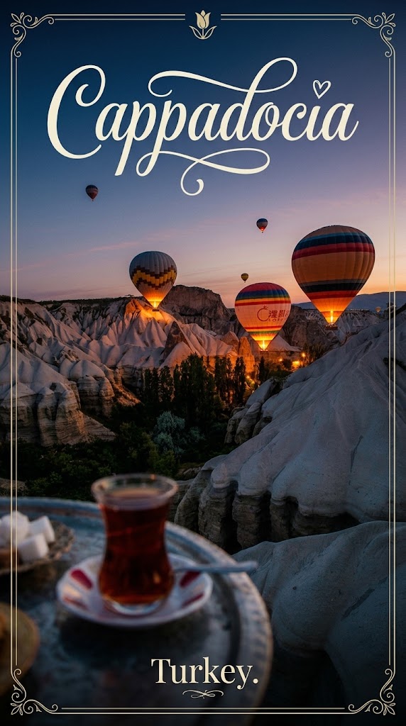 Hot air balloons flying at dawn over Cappadocia, Turkey – a top destination for Borneo and ancient world travel.