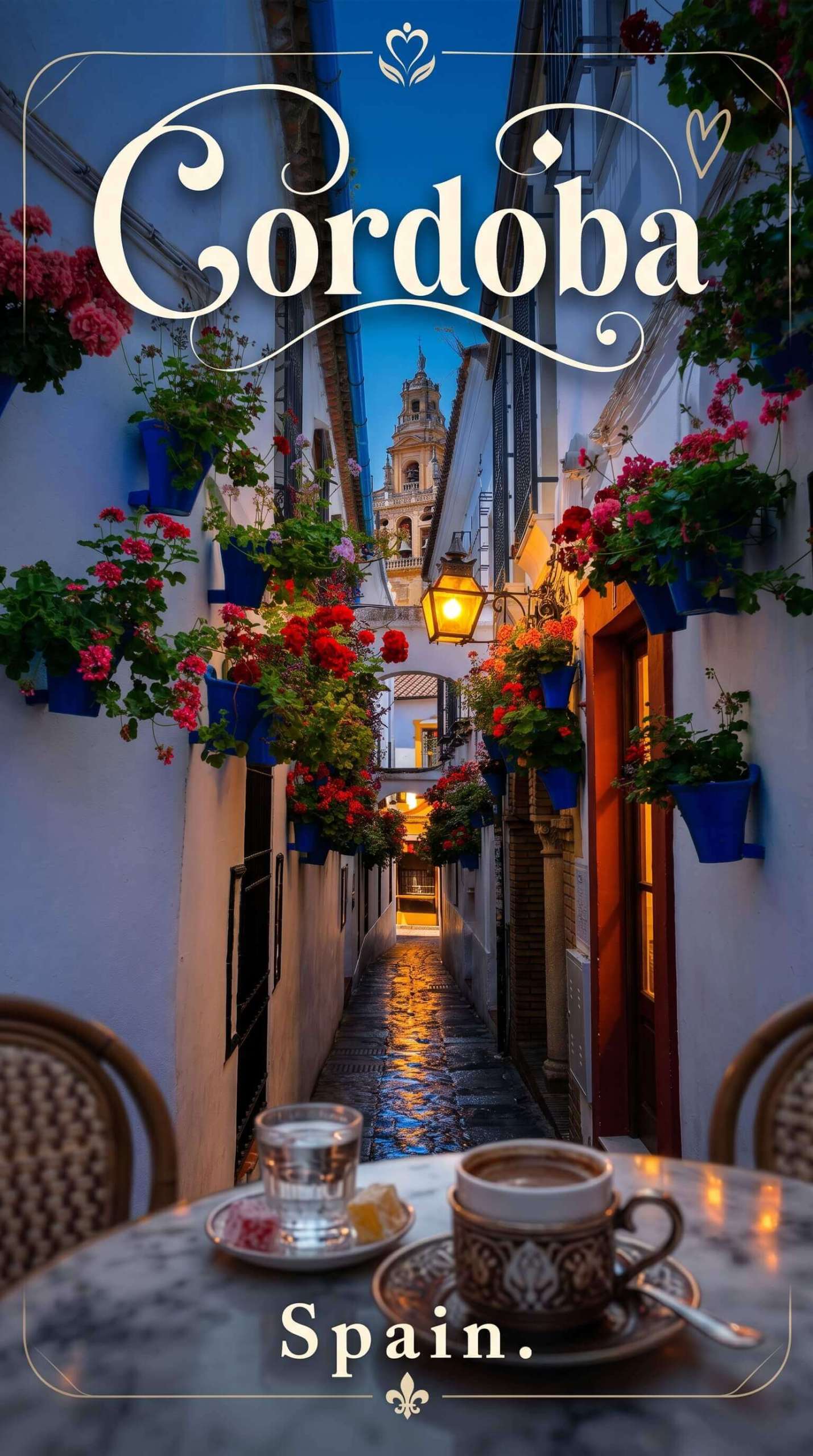 Vintage travel poster of Cordoba, Spain showcasing the Alley of the Flowers with hanging blue flower pots and the historic Mezquita bell tower at twilight.