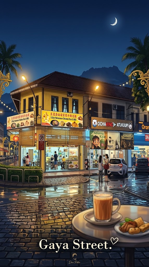 Cozy evening illustration of Gaya Street in Kota Kinabalu with local coffee shops, Mount Kinabalu in the background, and a glass of teh tarik.