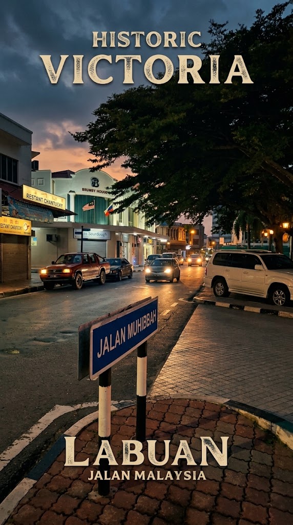 Historic Victoria street scene in Labuan, East Malaysia – a fascinating historical destination for Borneo and ancient world travel.